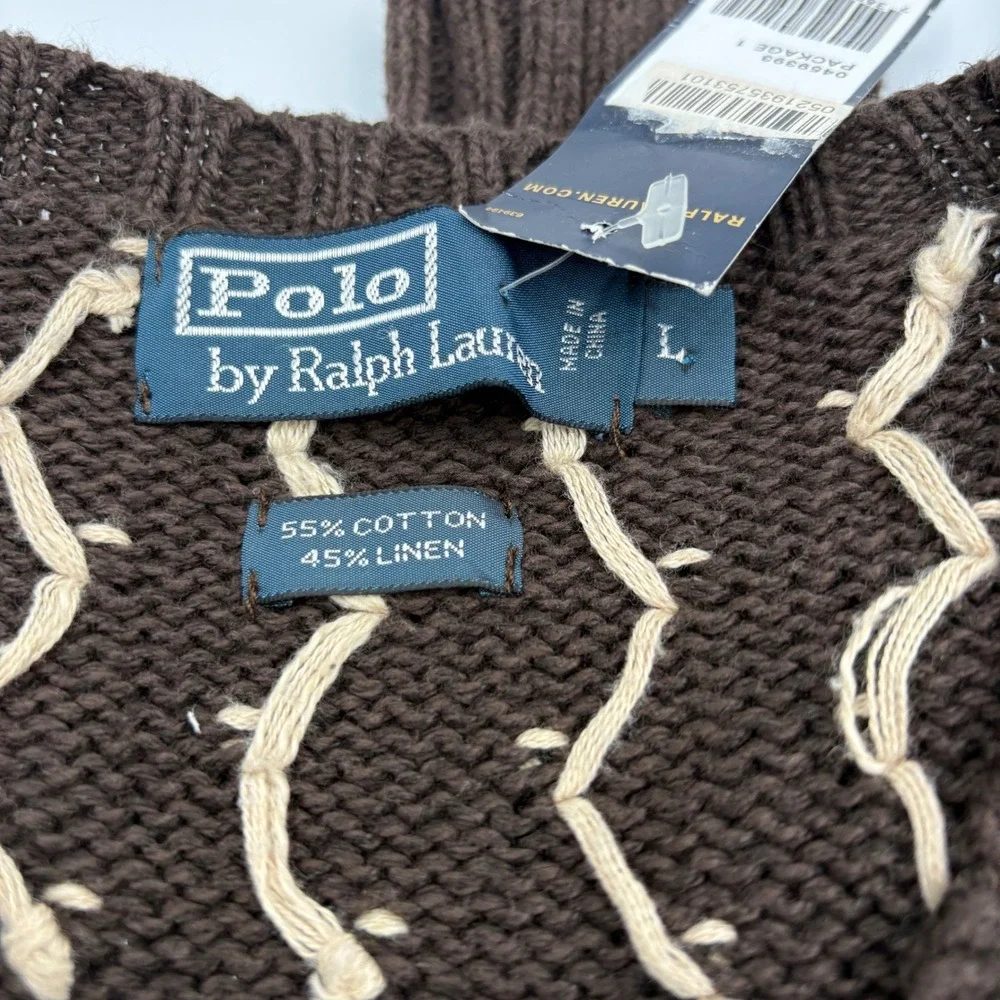 Polo Ralph Lauren Sweater Mens Large Brown Cotton Linen Moose Fair Isle V-Neck